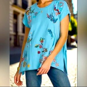 Johnny‎ Was Women Blue Zoe Animal Embroidered Cotton Cuffed Tunic T Shirt Large